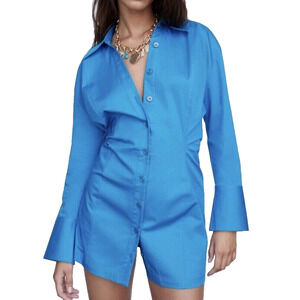 ZARA Women' Long Sleeve Button-Down Cinched Waist Collared Shirt Dress Sz S Blue